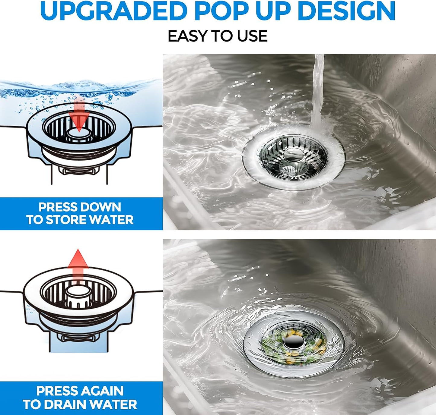 Sink Drain Strainer - Sink Stopper Kitchen Drain, 3 in 1 Kitchen Sink Drain Strainer with Anti-Clogging Basket, Kitchen Gadgets Clearance Sink Accessories, Fit US Standard 3-1/2'' Sink Hole, Silver