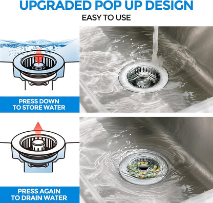 Sink Drain Strainer - Sink Stopper Kitchen Drain, 3 in 1 Kitchen Sink Drain Strainer with Anti-Clogging Basket, Kitchen Gadgets Clearance Sink Accessories, Fit US Standard 3-1/2'' Sink Hole, Silver