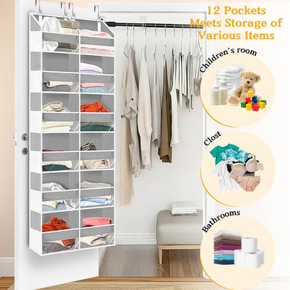 Over The Door Organizer, 5-Tier Extra Large Behind Door Storage with 10 Big Front & 10 Mesh Pockets, 80lb Capacity, Hanging Storage Organizer with Clear Window Kids Toys, Shoes, Diapers, Light Grey
