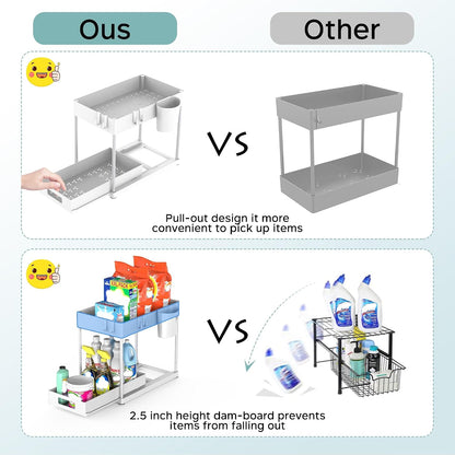 2 Pack Under Sink Organizer with Pull-Out Drawer, Black | 2-Tier Cabinet Storage, Kitchen & Bathroom, Tool-Free Assembly, Fits Cleaning Supplies & Toiletries, Space Saving