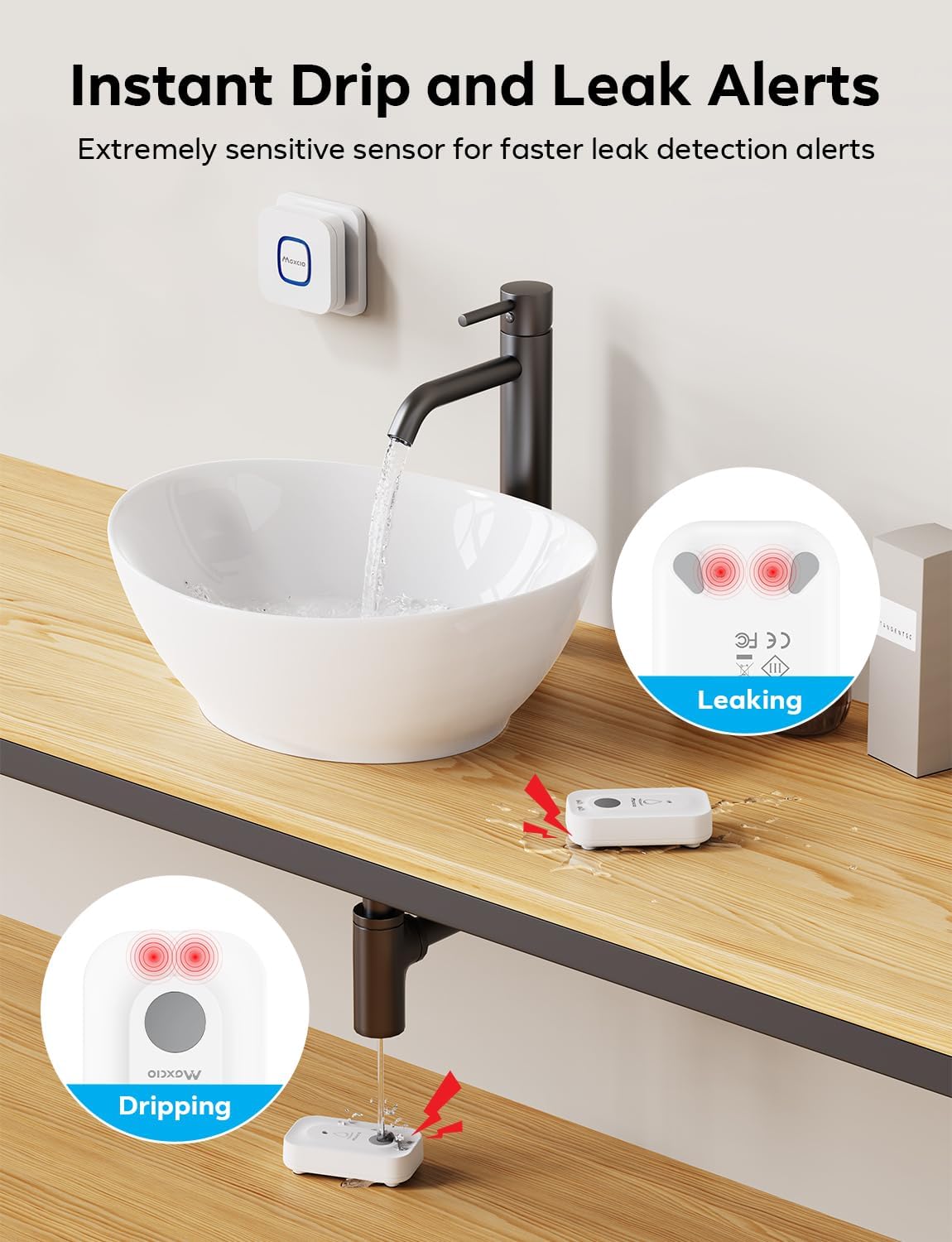 MAXCIO Water Leak Detectors 5 Pack, 110dB Adjustable Smart Water Sensor, Leak and Drip Alert, IP66 Waterproof for Basement, Bathroom, and Kitchen