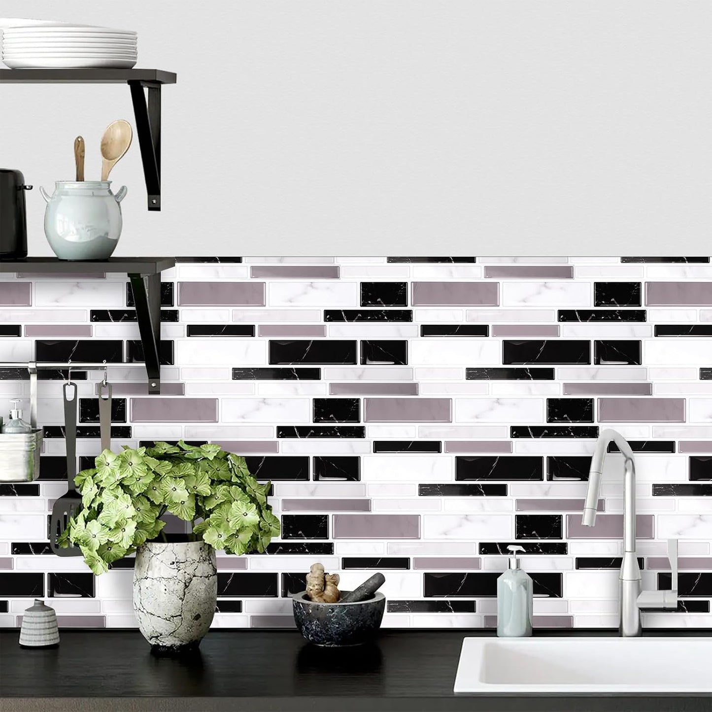 24 Sheet Peel and Stick Tile Backsplash Sticks for Kitchen 10"x 5" Back Splashes Self Adhesive Waterproof Tile Wall Paper for Bathroom Kitchen Backsplash, RV, Fireplace, Black/White Marble Look