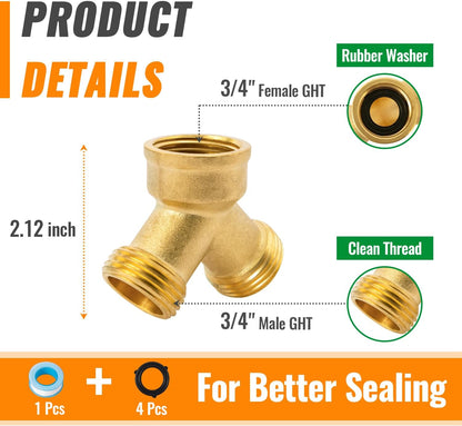 SUNGATOR 3/4 Inch GHT Y Valve, 2 Way Brass Garden Hose Splitter Heavy Duty, 3/4'' GHT Garden Hose Bib Splitters, Brass Y Valves with Extra 4 Rubber Washers, 1 Sealing Tape