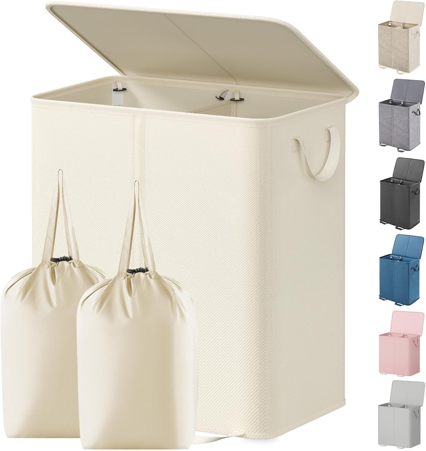 Lifewit Double Laundry Hamper with Lid and Removable Laundry Bags, Large Collapsible 2 Dividers Dirty Clothes Basket with Handles for Bedroom Laundry Room Closet Bathroom College, 136L Beige