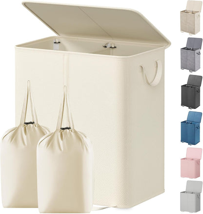 Lifewit Double Laundry Hamper with Lid and Removable Laundry Bags, Large Collapsible 2 Dividers Dirty Clothes Basket with Handles for Bedroom Laundry Room Closet Bathroom College, 136L Beige