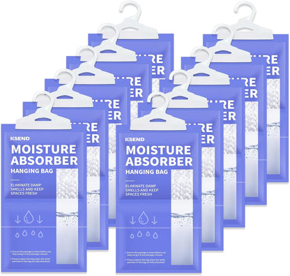 Ksend Moisture Absorbers 10 Pack, 9.8 Oz Compact Dehumidifier Bags & Packs, Moisture Hanging Bag, Humidity Absorbers, Closet Deodorizer Against Musty Odors, 11.8'' x 6.3''
