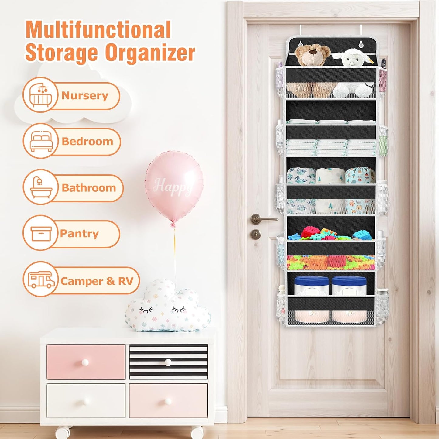 WISELIFE Over The Door Organizer Storage 4 Shelves Large Capacity Hanging Bedroom Storage Solution with 6 Side Pockets for Dorm Bathroom Pantry Nursery and Baby Essentials Holds up to 40 Lbs (Black)