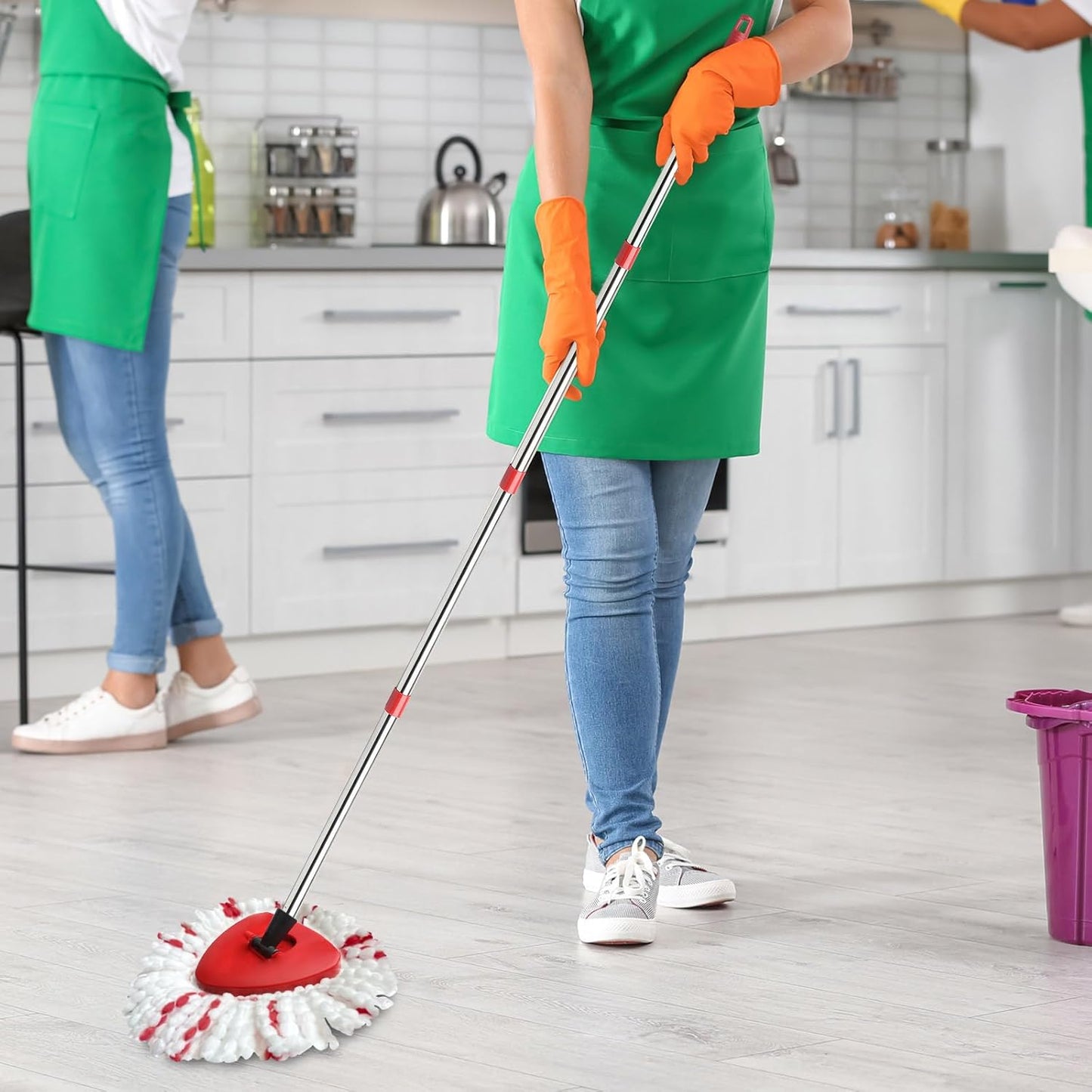 2 Spin Mop Head Replacement, 1 Base, 1 Mop Handle (30-58in) Combo Mops Set Compatible with OCedar EasyWring RinseClean Microfiber Mops (White (1-Tank System))