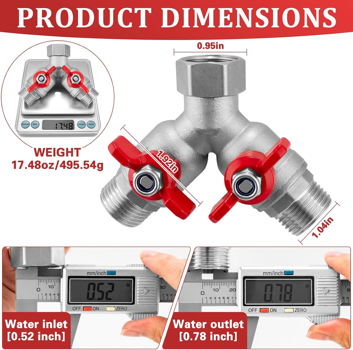 Garden Hose Splitter 2 Way, Heavy Duty Brass Hose Splitter, 3/4" GHT Hose Y Splitter with Shutoff, Full Flow Outdoor Faucet Splitter, Water Hose Y Valve Tap Adapter