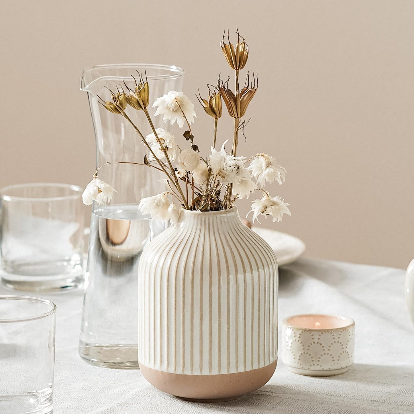 Small Boho Vase for Decor,Rustic Farmhouse Vase for Pampas Grass,Eucalyptus Set and Tiny Stem Flowers,Ceramic for Centerpieces, 5.3 Inch,Wave-Arctic White