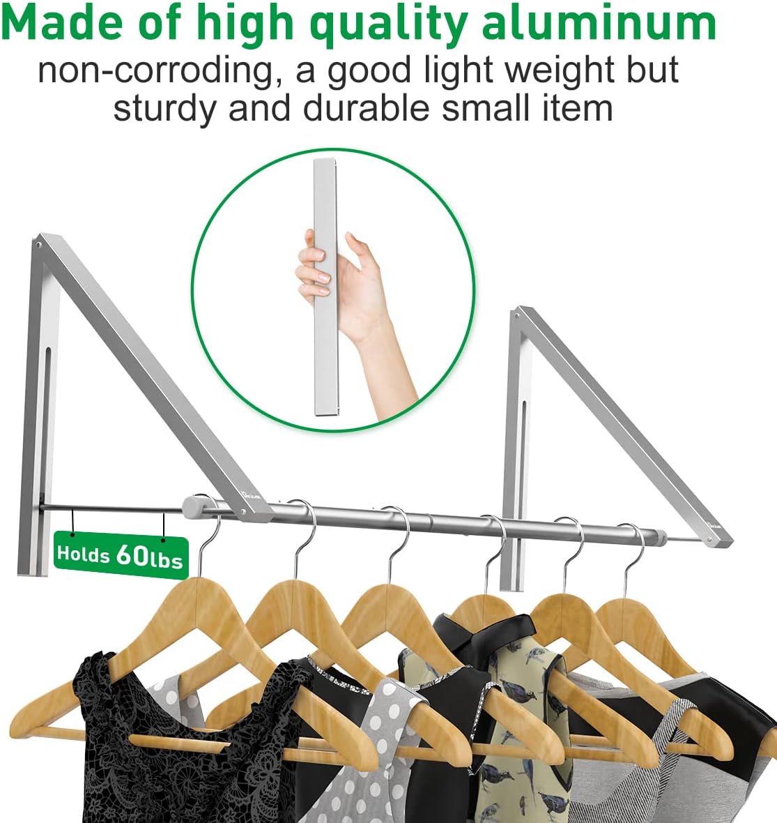 Laundry Room Drying Rack Wall Mounted Clothes Hanger Folding Wall Coat Racks Aluminum Home Storage Organiser Space Savers White 2 Rakcs with Rod