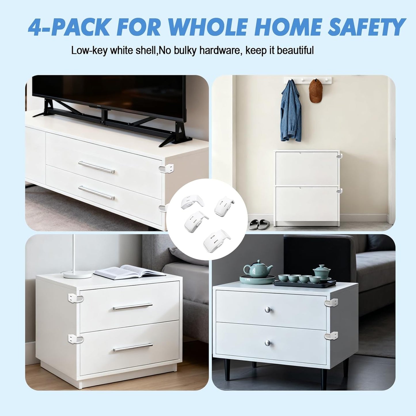 Baby Proof Drawer Locks 4 Pack White, Child Safety Cabinet Latches for Corners, No Drill Adhesive Furniture Lock for Kitchen Drawer Dresser Nightstand Toddler Security ﻿