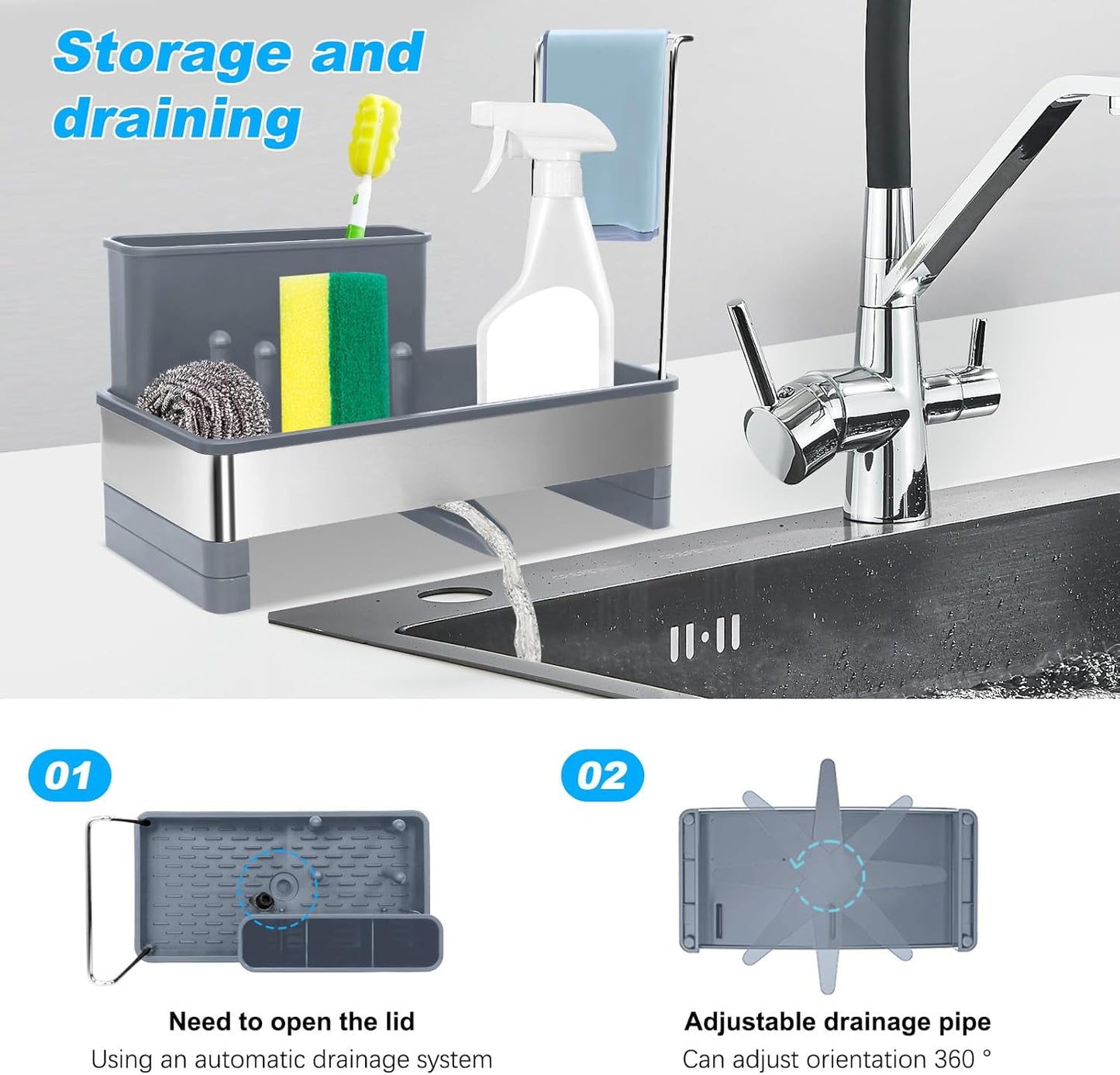 Kitchen Sink Caddy,Sponge Holder for Kitchen Sink with Dish Brush Holder, Auto Drain Tray, Sponge Drain Rack,Stainless Steel Sink Organizer Countertop，Sponge Soap(Grey)