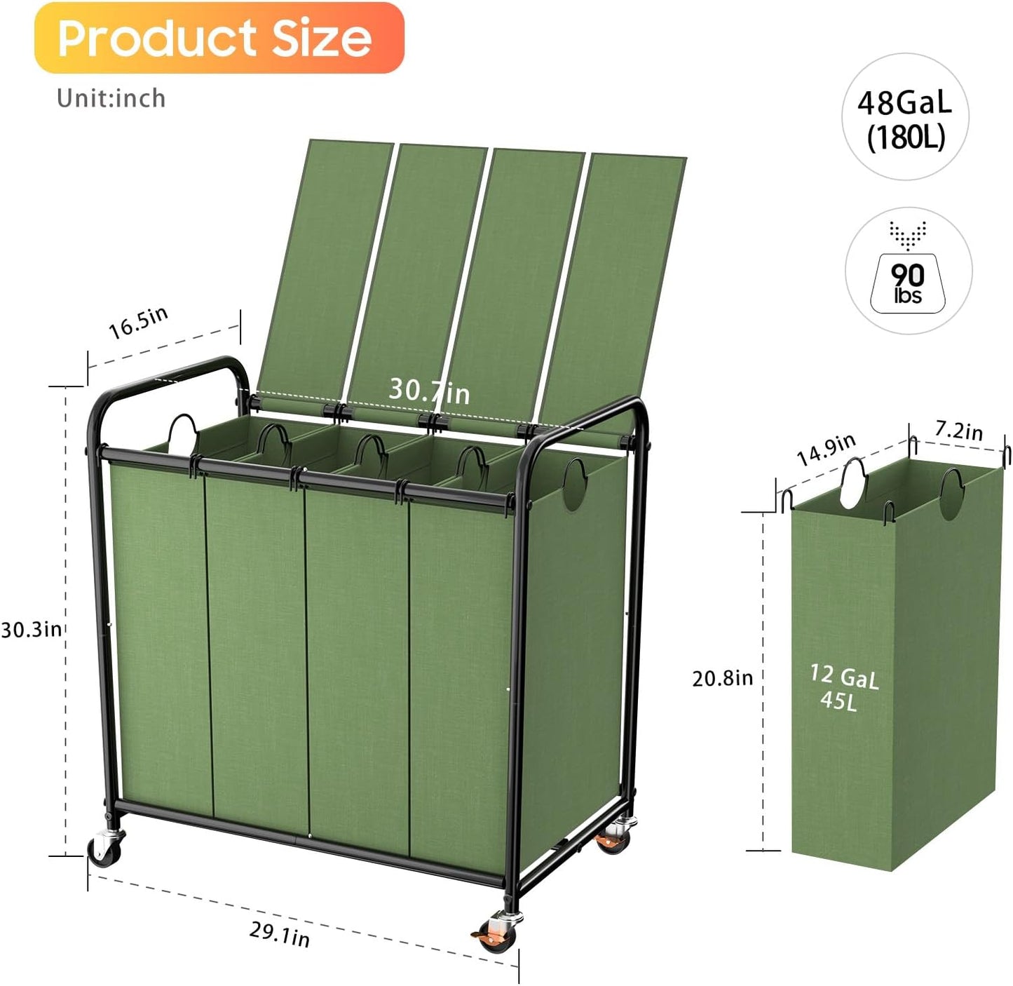 180L (47.55 Gal) Laundry Sorter 3 Section, Rolling Laundry Basket with Lockable Wheels and Lid, Laundry Hamper with 3 Separated Removable Bags Dirty Clothes Hamper for Laundry Room Organizer, Black