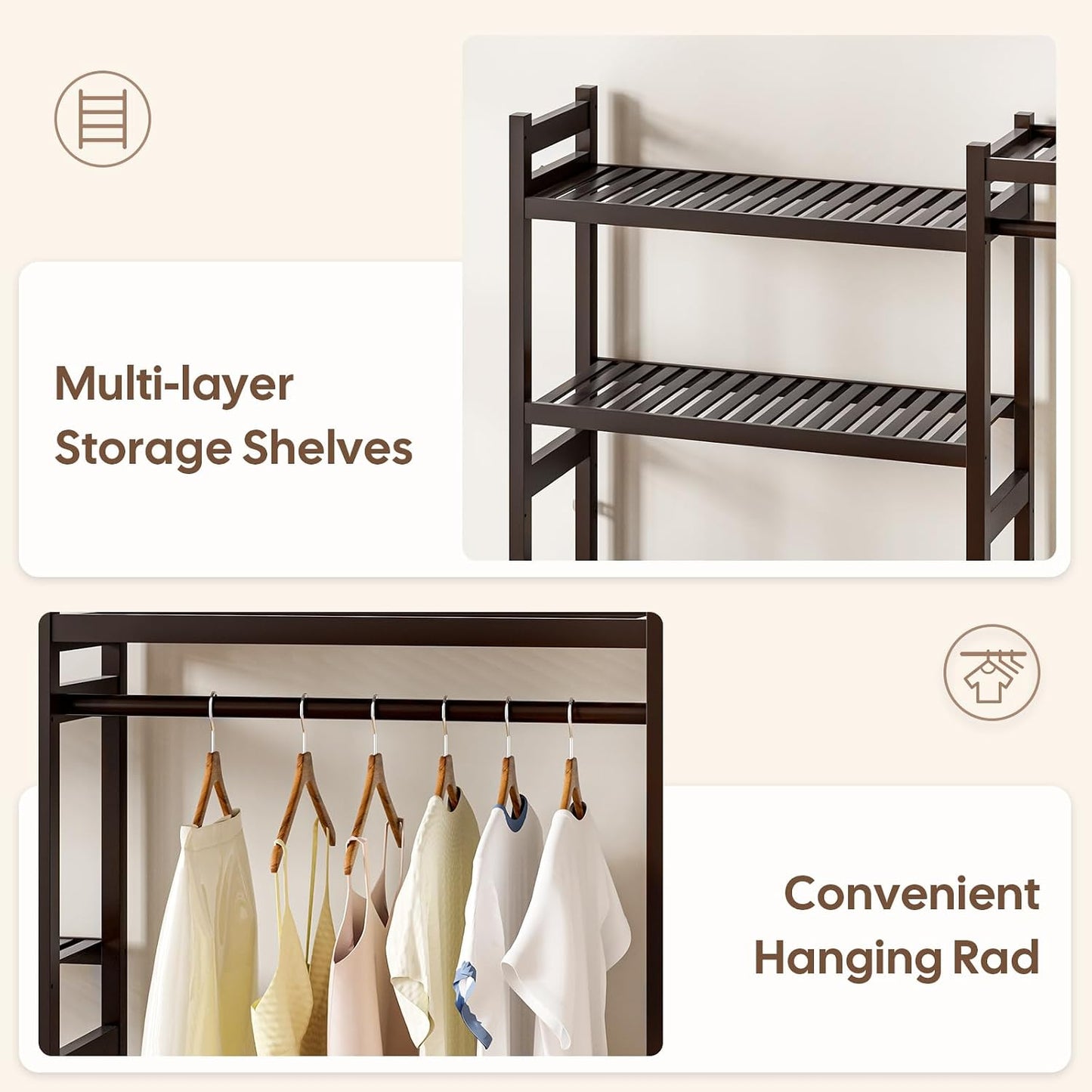 Cozivolife Over The Washer and Dryer Storage Shelf Bamboo,5 Tiers Laundry Room Drying Rack with Adjustable Shelves and 4 Hooks,Space Saver Organizer for Hanging Clothes and Towels (White)