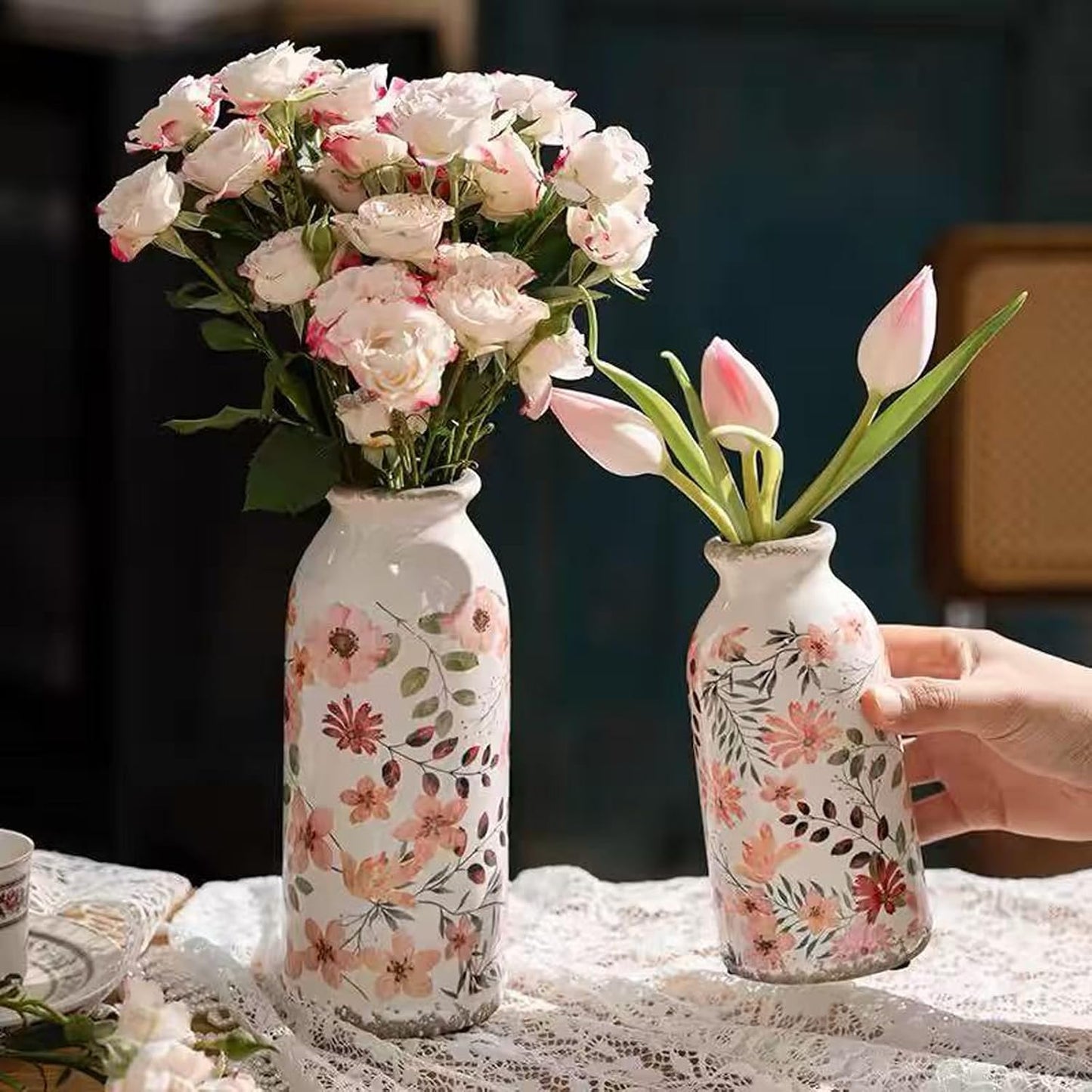 Rustic Ceramic Vase Set of 3 - Beige Rustic Vases for Flowers,Farmhouse Flower Vases for Home Decor,Small Decorative Vase Set for Living Room,Table Shelf,Centerpieces and Fireplace Decorations
