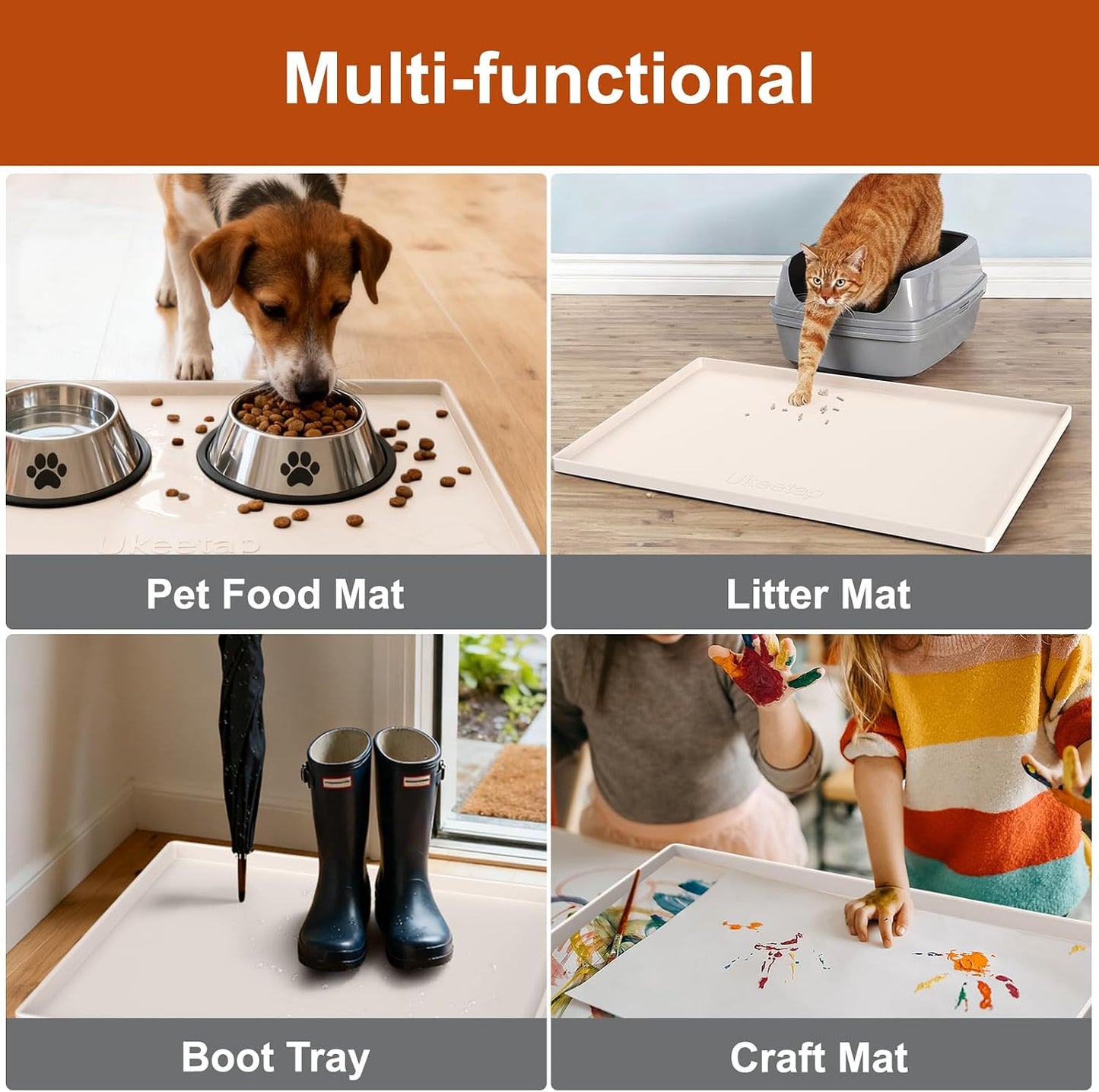ukeetap Extra Thick Silicone Mat Waterproof with Raised Edge 19” x 12”, BPA Free Non-Slip Dog & Cat Food Mat, Feeding Mat for Food and Water Bowls, Spill Proof Mat to Protect Floors, Black
