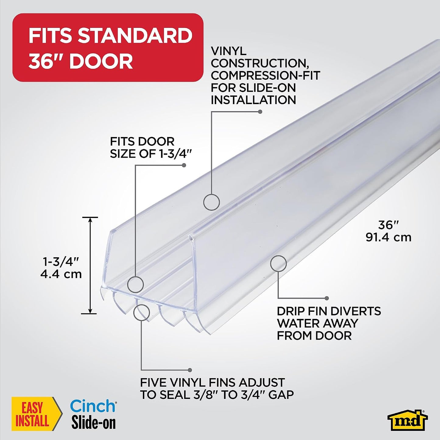 M-D Building Products Vinyl Cinch U-Shape Door Bottom Seal, Slide-On Weatherstripping Draft Stopper, Easy to Install, Fits 36” x 1-3/4” Doors, Fills 3/8”- 3/4” Gaps, 43337, Brown