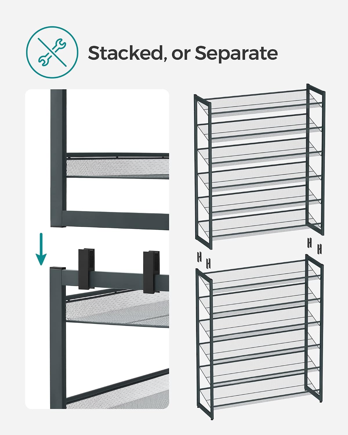 SONGMICS Shoe Rack, 12-Tier Shoe Organizer, Metal Shoe Storage for Garage, Entryway, Set of 2 6-Tier Stackable Shoe Shelf, with Adjustable Flat or Angled Shelves, Holds 48-60 Pairs, Black ULMR12B