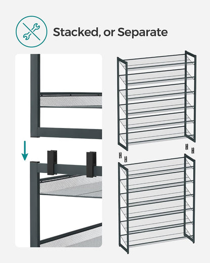 SONGMICS Shoe Rack, 12-Tier Shoe Organizer, Metal Shoe Storage for Garage, Entryway, Set of 2 6-Tier Stackable Shoe Shelf, with Adjustable Flat or Angled Shelves, Holds 48-60 Pairs, Black ULMR12B