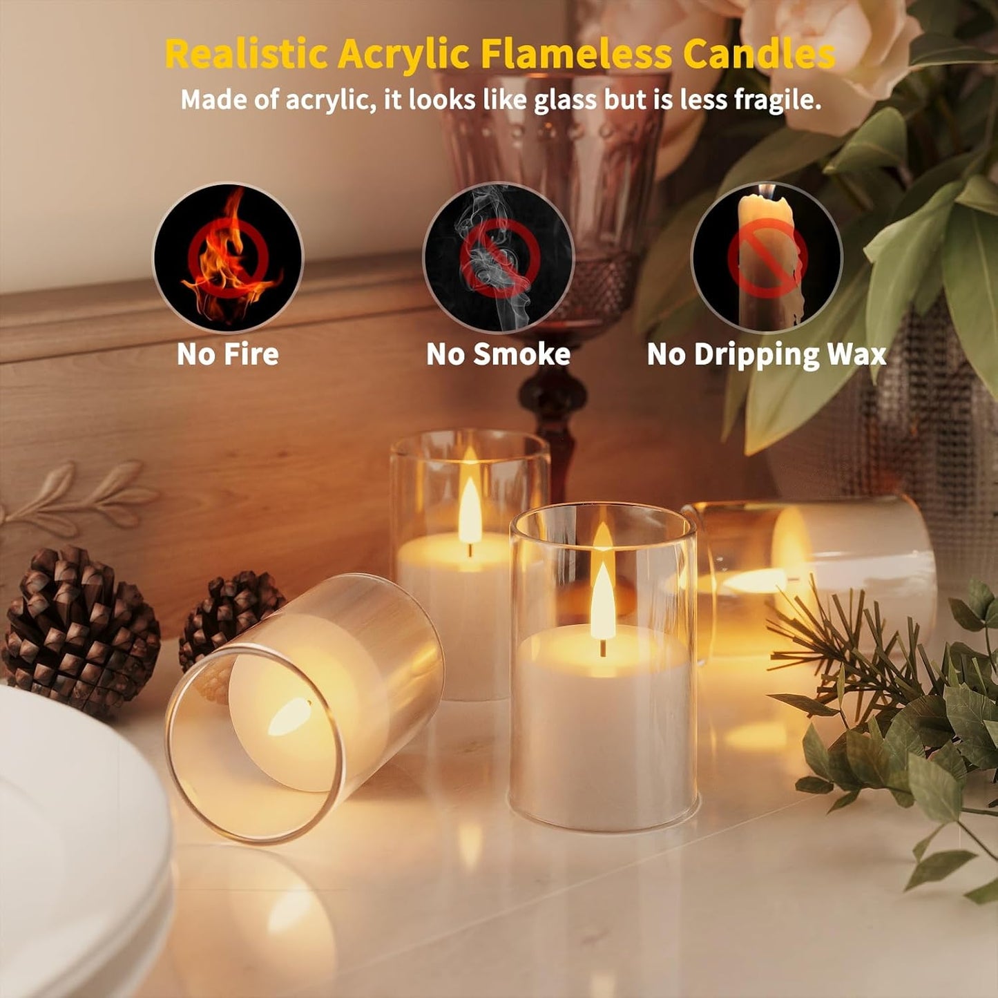 VIODAIM 12Pack Flickering Flameless LED Candles with Remote & Timer, Battery Powered - Small Pillar & Votive, Clear (2"X3")