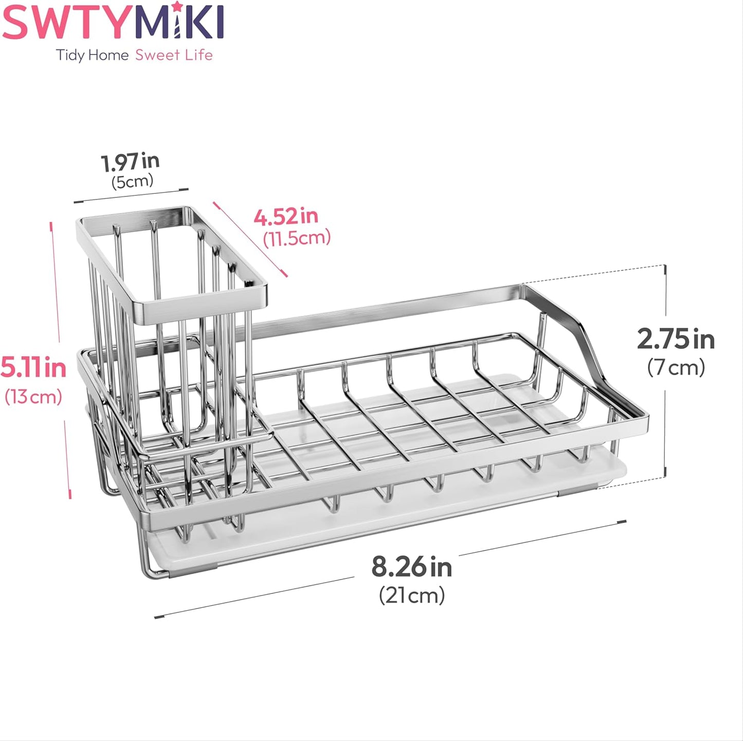 SWTYMIKI Sink Caddy Sponge Holder - Kitchen Sink Organizer with High Brush Holder for Countertop to Hold Dish Soaps and Sponges, Stainless Steel, Black