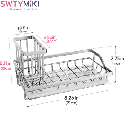 SWTYMIKI Sink Caddy Sponge Holder - Kitchen Sink Organizer with High Brush Holder for Countertop to Hold Dish Soaps and Sponges, Stainless Steel, Black