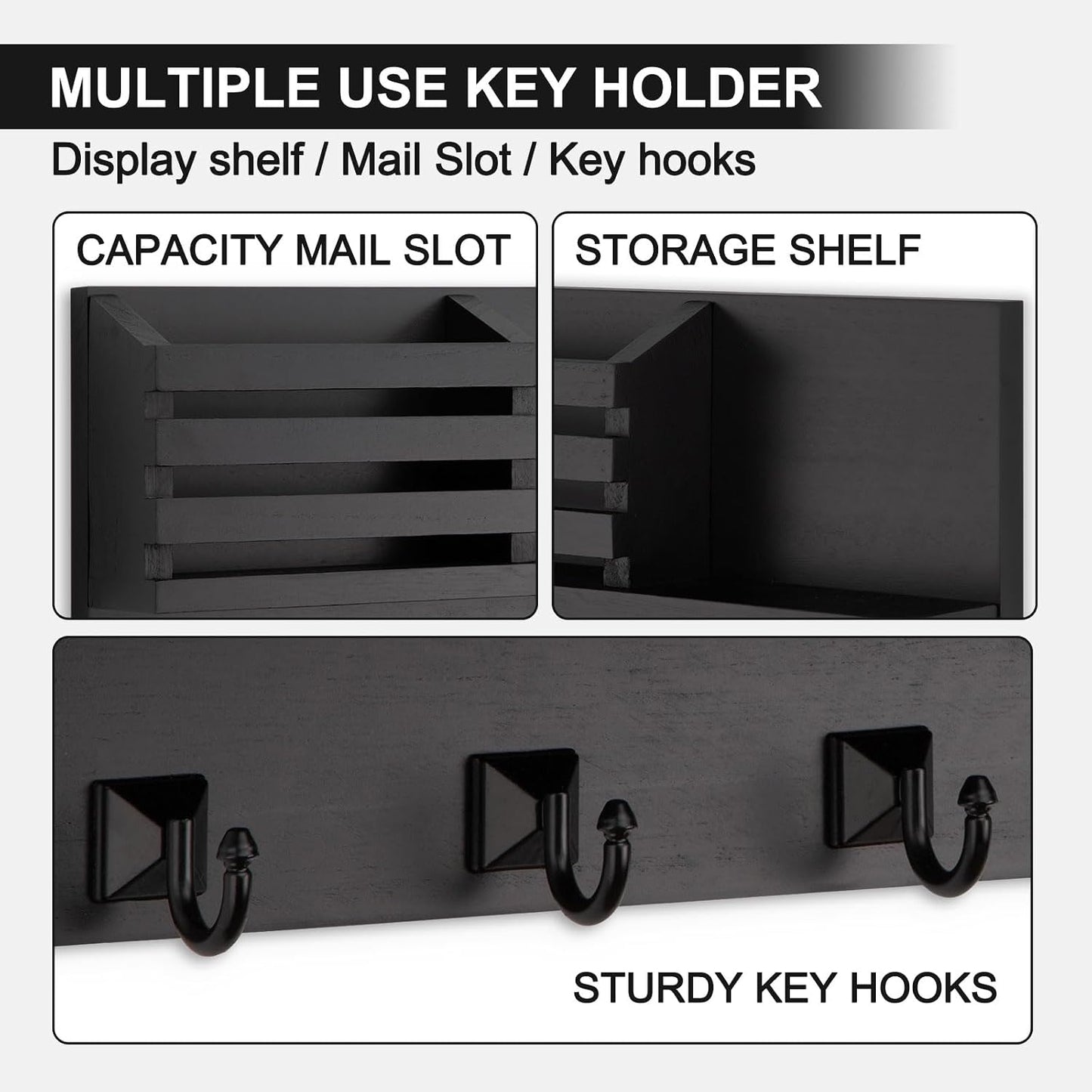 Key Holder Wall Mount, Mail Organizer for Wall with 5 Square Rustic Key Hooks Key Shelf Farmhouse Home Decor for Entryway