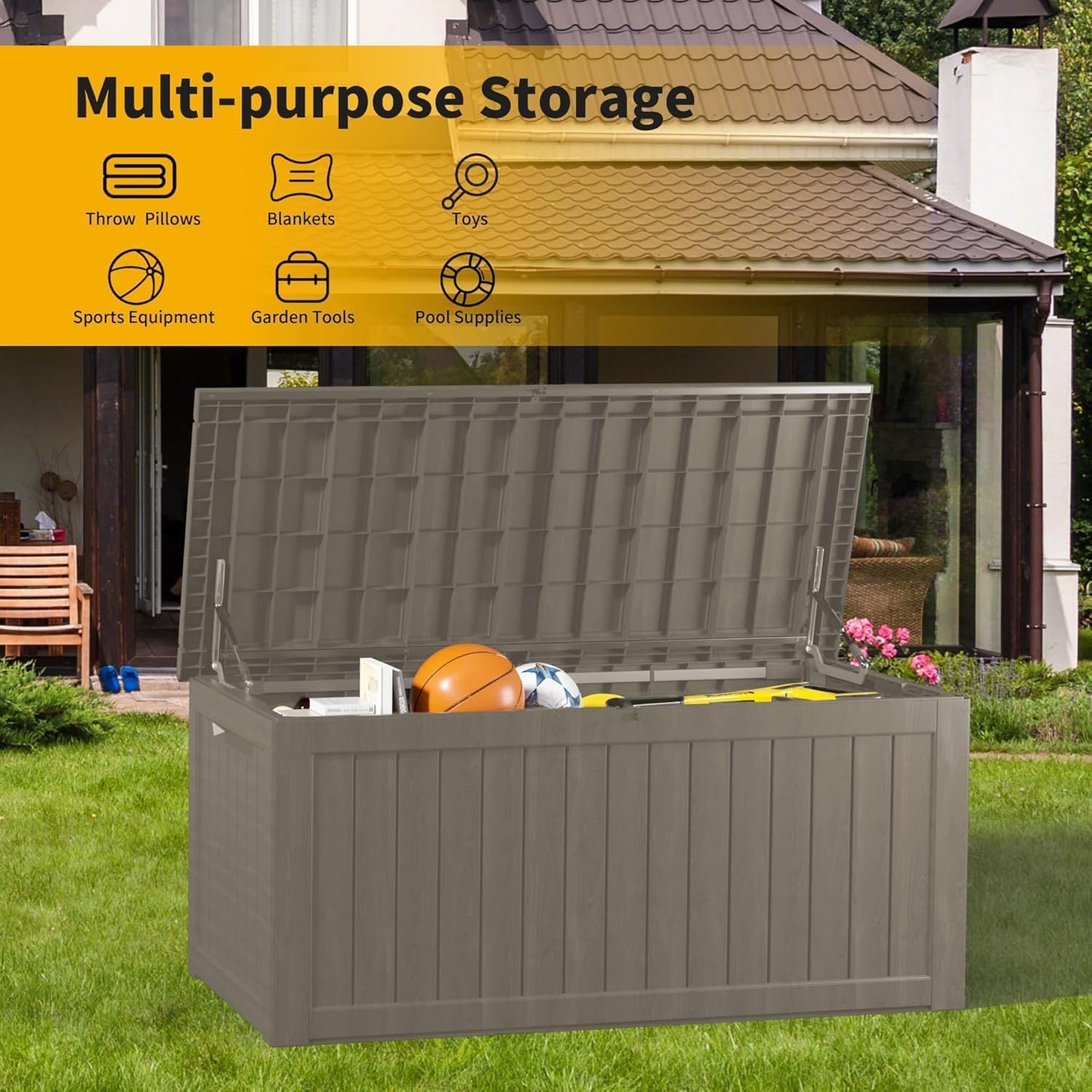 TARKARI 275 Gallon Resin Deck Box, Waterproof Outdoor Storage Box, Lockable for Patio Furniture, Garden Tools, Pool Accessories, UV-Resistant for All Weather Use, Black