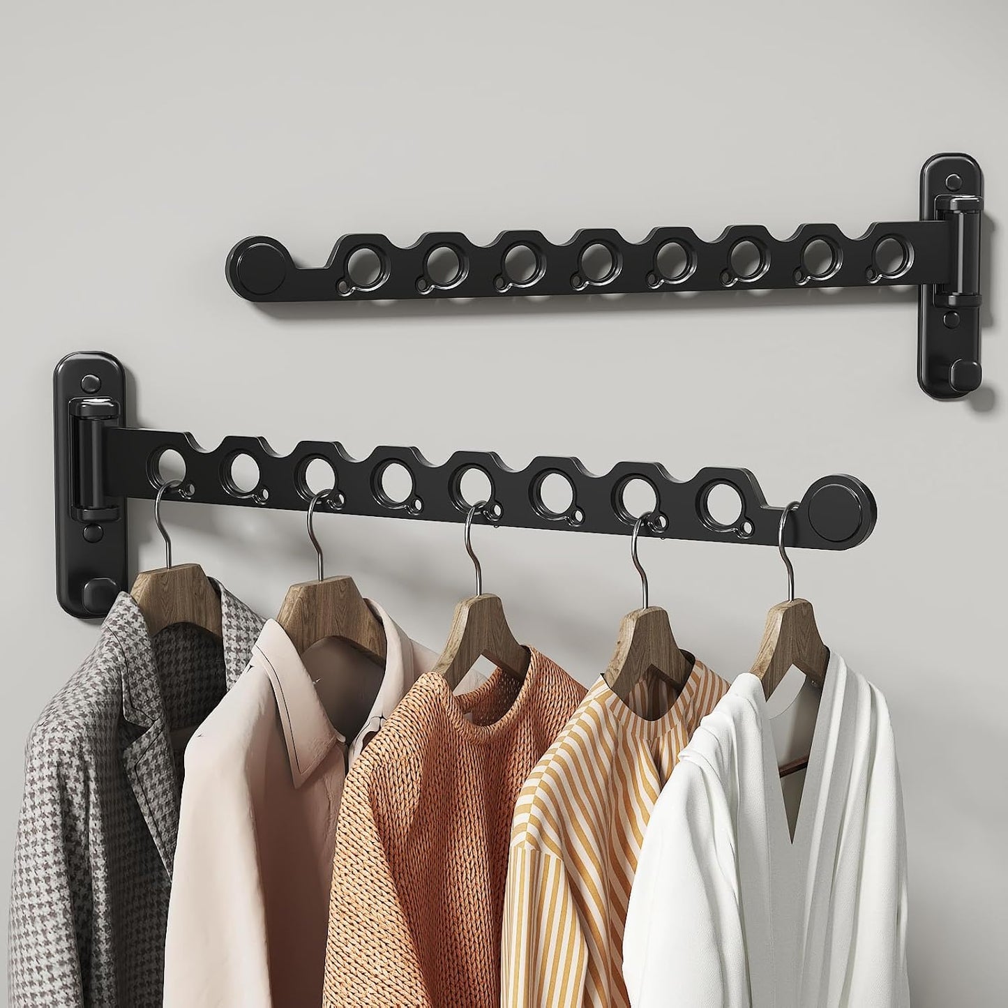 Wall Mounted Clothes Hanger Rack Foldable Drying Rack Hook Folding Indoor for Laundry Room Organization Bedroom Collapsible Racks Perfect for Small Spaces, 6 Hole Black 1 Packs