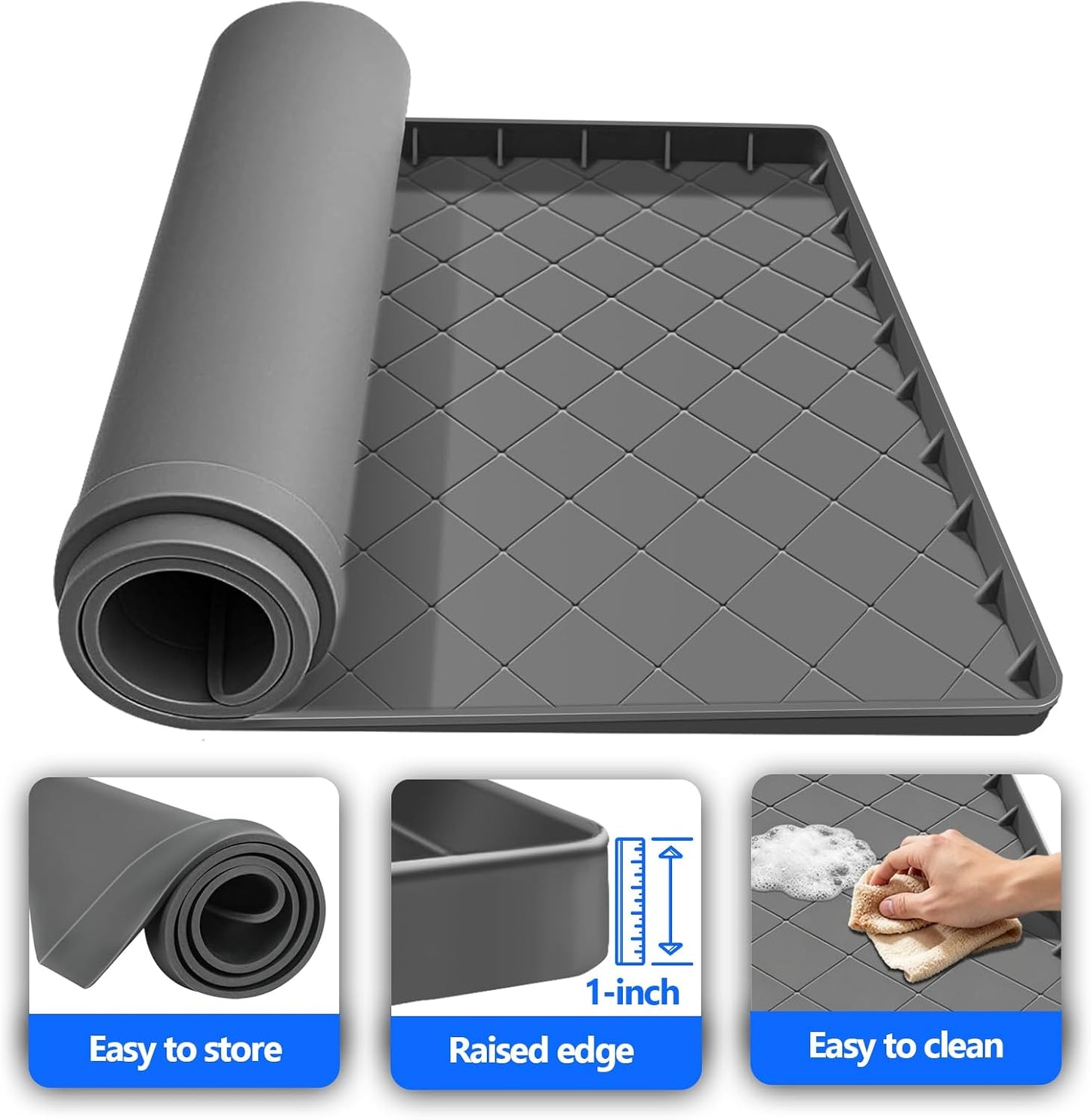 Washing Machine Drain Pan Silicone Mat, 32 x 30 Inch Non-Slip Waterproof Washing Machine Drip Tray, 1 Inch Raised Edge Mat for Floor Protection, Washer or Dryer Shock Mat