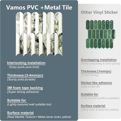 Vamos Peel and Stick Backsplash Seamless Tile for Kitchen and Bathroom,White and Beige Slate PVC Mixed Light Gold Self Adhesive Fish Scale Metal Mosaic Tiles (10 Sheets)