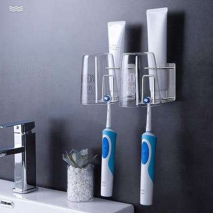 HANZE 2 Pack Toothbrush Holder 304 Stainless Steel Adhesive Wall Mounted 3 in 1 with Toothbrush Holder Toothpaste Holder and Cup Holder for Bathroom Shower