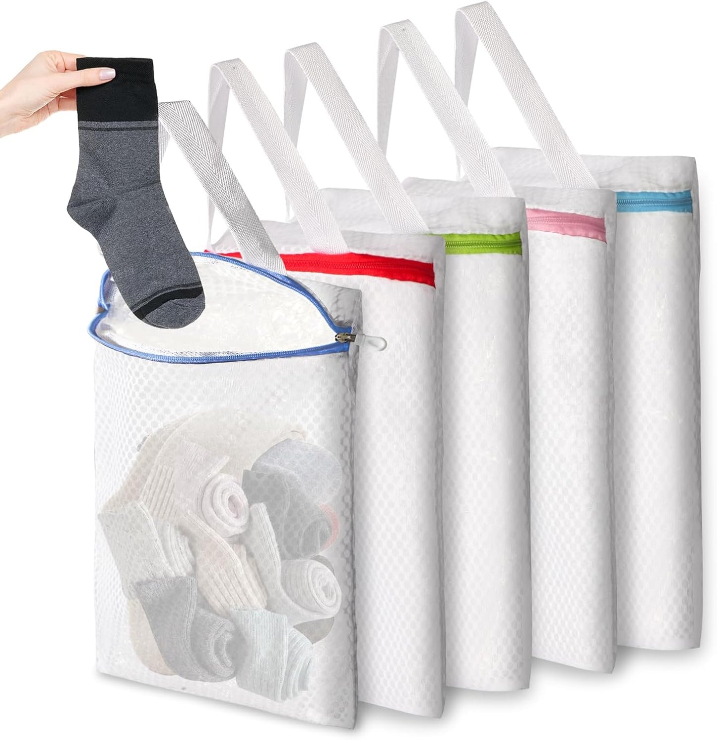 3 PACK Hanging Mesh Laundry Bags with S Metal Hooks,10x12 Inch Hanging Socks Laundry Bags, for Washing Machine