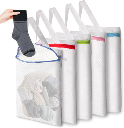 3 PACK Hanging Mesh Laundry Bags with S Metal Hooks,10x12 Inch Hanging Socks Laundry Bags, for Washing Machine