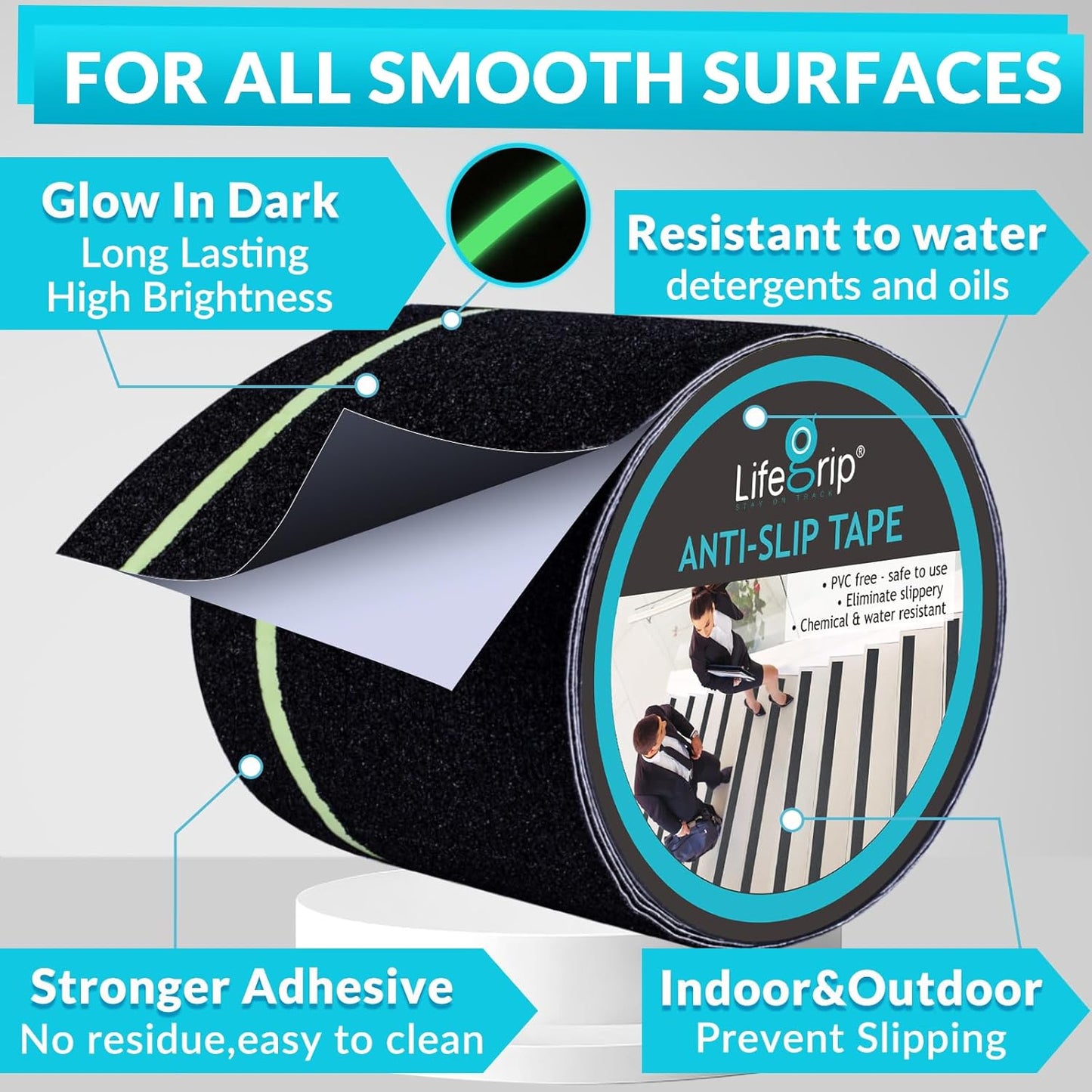 Lifegrip Anti Slip Tape, 4 Inch x 15 Foot Non-Slip Traction Grip Tape for Stairs, Waterproof Stair Treads Grip Non Slip, Non Skid Tape for Steps, Outdoor Black Grip Tape (4" X 15')