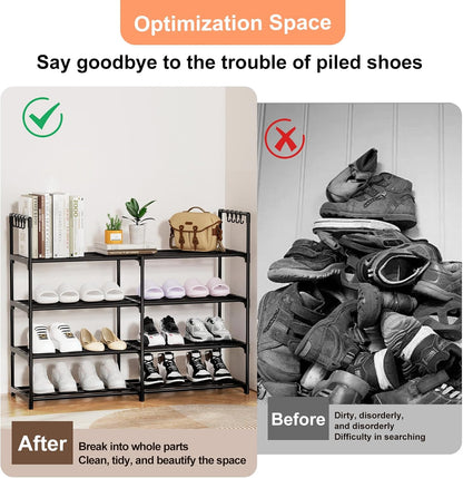 3 Row 4 Tier Long Shoe Rack, Black Metal Stackable Shoe Shelf with Multifunctional Hooks, Shoe Storage Hold 24-30 Pairs, Space Saving Shoe Organizer for Closet,Wide Shoe Rack