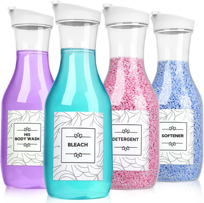 VZZNN 4 Pack Laundry Bottles 53oz Plastic Liquid Detergent Dispenser with 20 Label Laundry Room Organization for Liquid Powder Bleach Scent Booster Beads Soap Fabric Softener