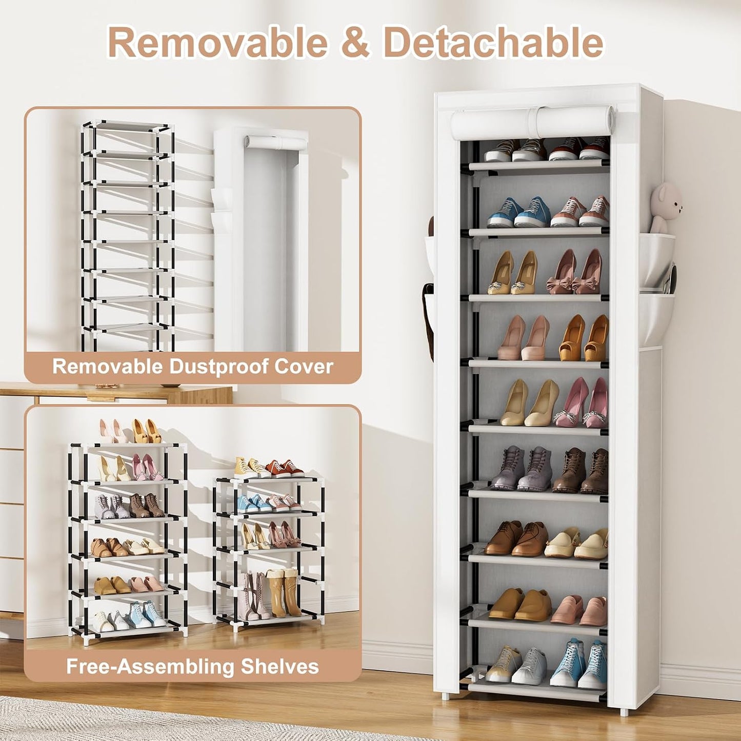VILICK Shoe Rack with Cover Narrow Shoe Organizer with 4 Side Pockets 10 Tier Tall Shoe Storage Holds 18-22 Pairs Shoes and Boots Shoe Rack for Closet Entryway Garage