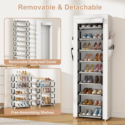 VILICK Shoe Rack with Cover Narrow Shoe Organizer with 4 Side Pockets 10 Tier Tall Shoe Storage Holds 18-22 Pairs Shoes and Boots Shoe Rack for Closet Entryway Garage