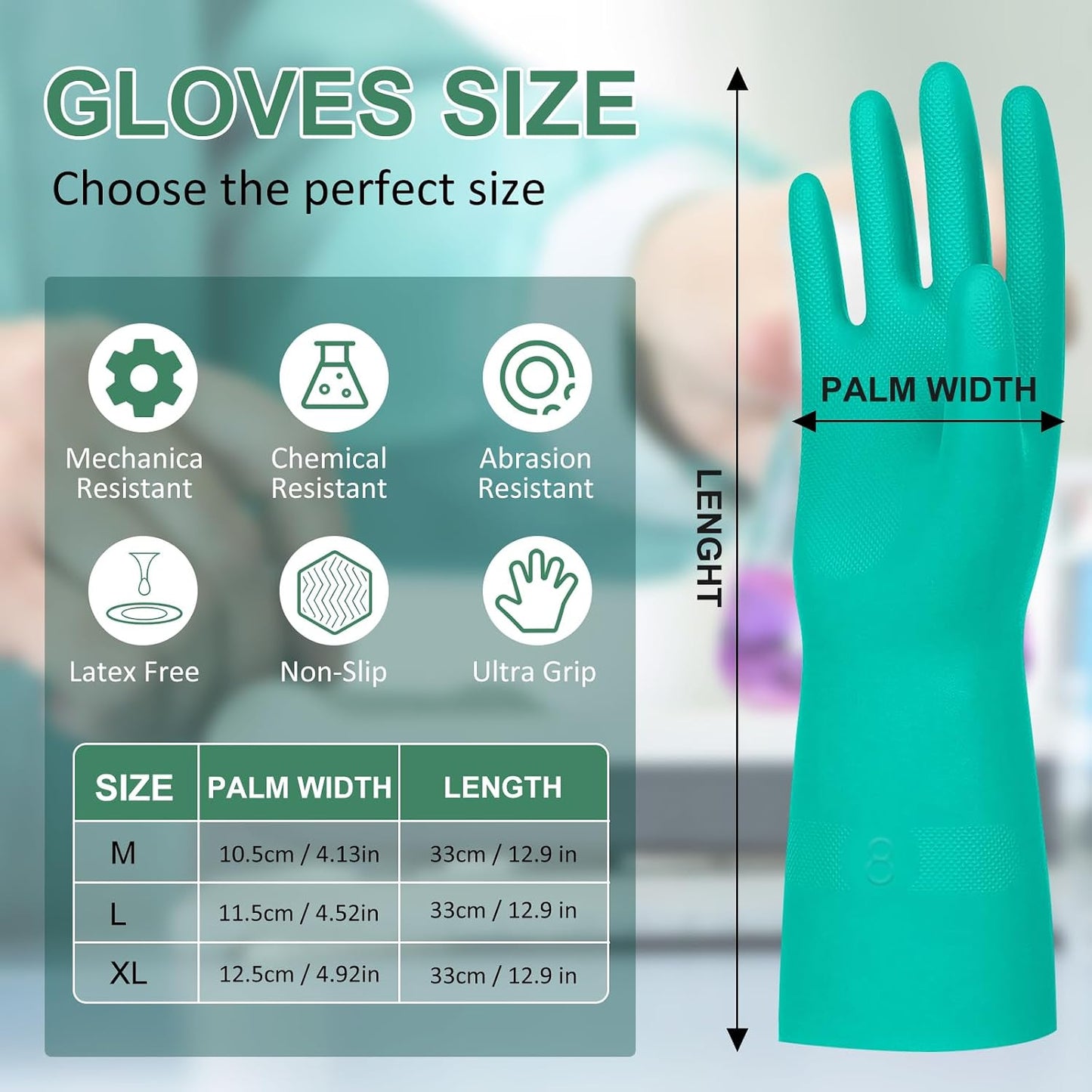 Beieverluck 10 Pairs Chemical Resistant Gloves, Reusable Heavy Duty Rubber Work Gloves, 12.6" Long Nitrile Gloves for Acid Alkali Oil Protection and Industrial Use Household, Large