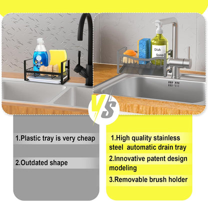 Maifan Stainless Steel Kitchen Sink Caddy Organizer with Auto Drain Tray, Sponge Holder for Countertop Storage