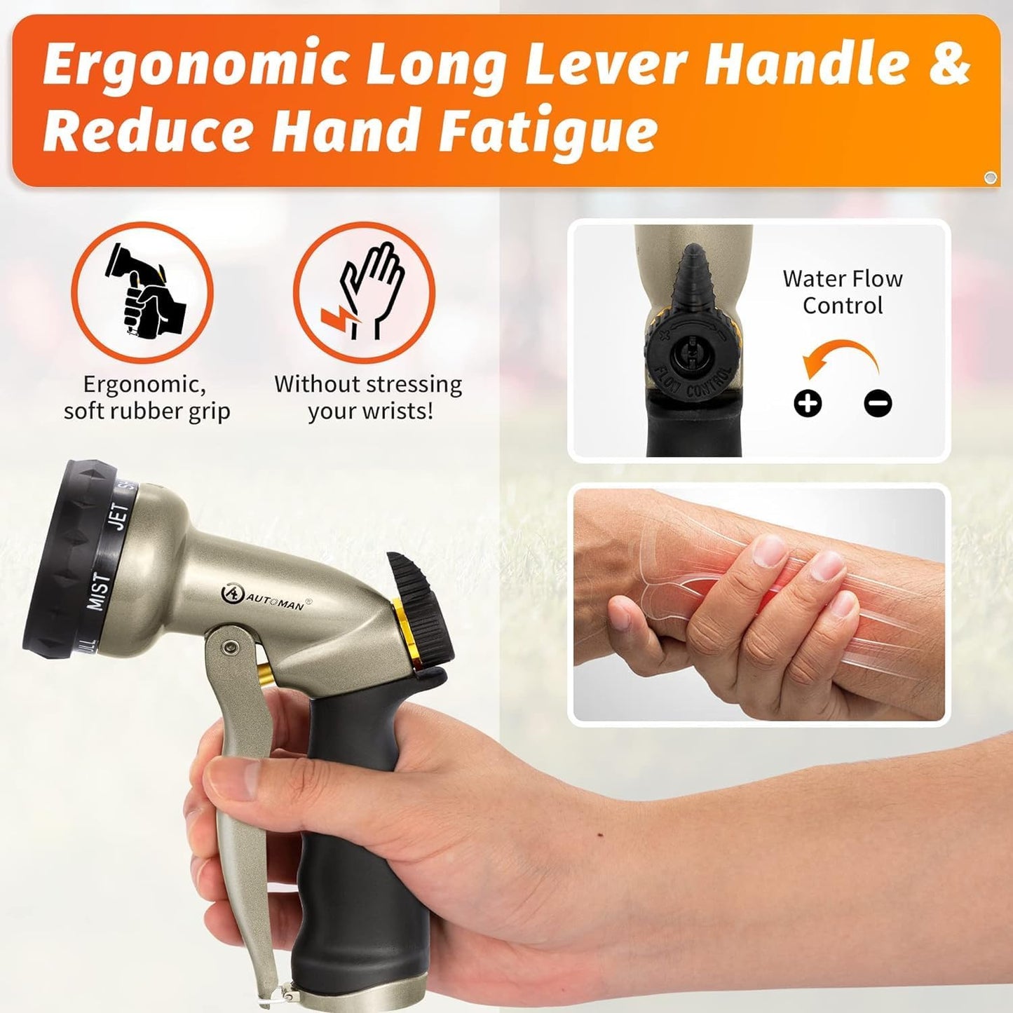 AUTOMAN Garden Hose Nozzle - 2 Pack, 100% Metal High Pressure Spray Nozzle, Labor-Saving Design, Heavy Duty for Garden Watering, Car Washing, Window Cleaning, Pets Bathing