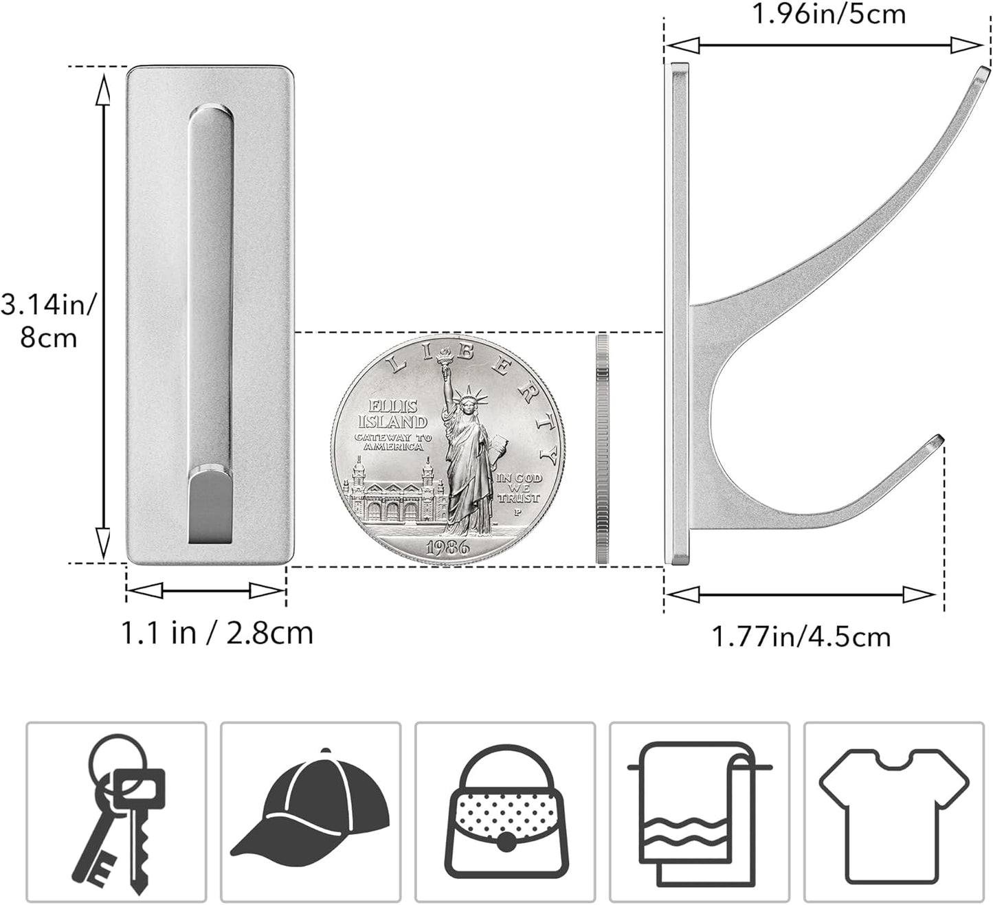 pickpiff White Self Adhesive Coat Hooks for Hanging: 13LB Extra Strong Stainless Wall Hook for Towel, Utensil, Backpack, Hat, Sturdy Metal Hanger for Bathroom, Kitchen, Door, 4-Pack