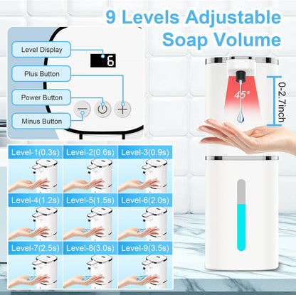 OHIFAST Automatic Foaming Soap Dispenser Touchless, USB Rechargeable Smart Hand Soap Dispenser, 9-Level Adjustable, Physical Button Operation, 13.5oz/400mL Wall Mounted for Bathroom Kitchen Dish Soap