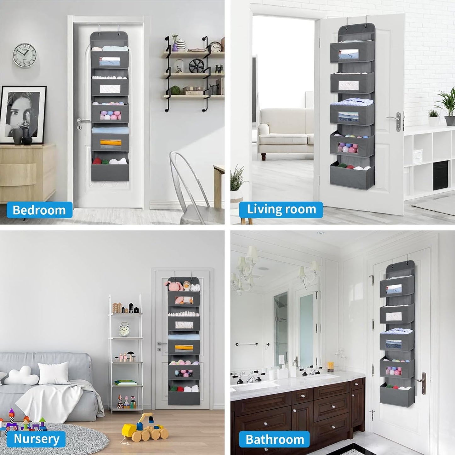 MAX Houser 4-Shelf Over The Door Hanging Organizer with 2 Metal Hooks, Gray | 4 Pocket Swing-proof Behind Door Organizers with Clear Windows for Bathroom Closet, Dorm