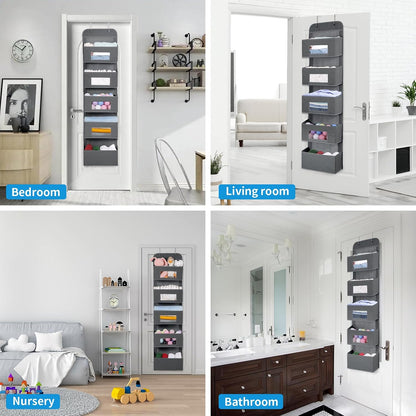 MAX Houser 4-Shelf Over The Door Hanging Organizer with 2 Metal Hooks, Gray | 4 Pocket Swing-proof Behind Door Organizers with Clear Windows for Bathroom Closet, Dorm