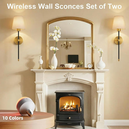 IRONPAX Wall Sconces Battery Operated Set of 2, Wireless Rechargeable Wall Sconce Set of Two, Dimmable Wall Lights with Remote for Bedroom Living Room Hallway Decor (Gold, Fabric Shade)