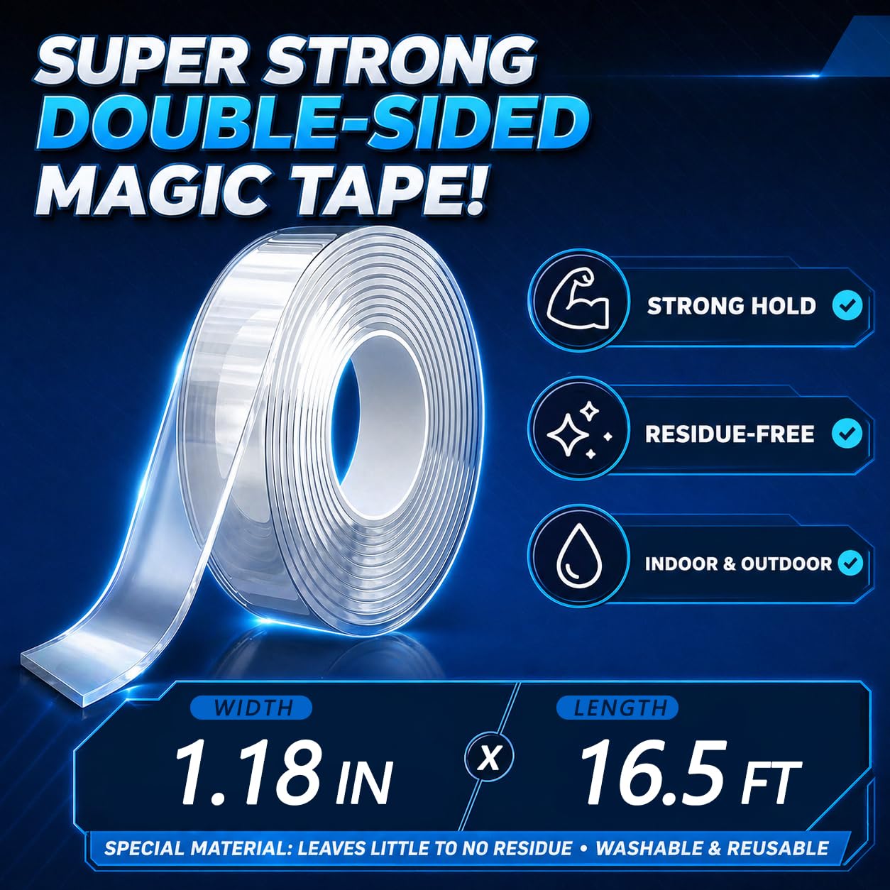 Nano Double Sided Tape, Removable Reusable Mounting Tape | Heavy Duty Hold | Removable No Residue | Washable & Reusable | Waterproof Clear Tape