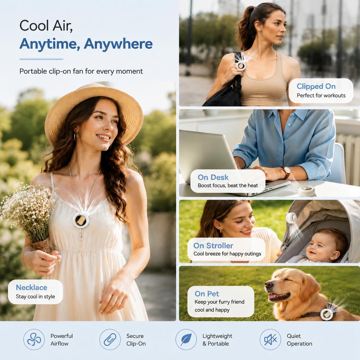 Clip On Fan, Portable Silent Mini Bladeless Personal Fan, 3-Speed 360° Rotatable Small Clip Fan for Shirt Waist, Hands-Free Wearable Fan for Outdoor Travel Office